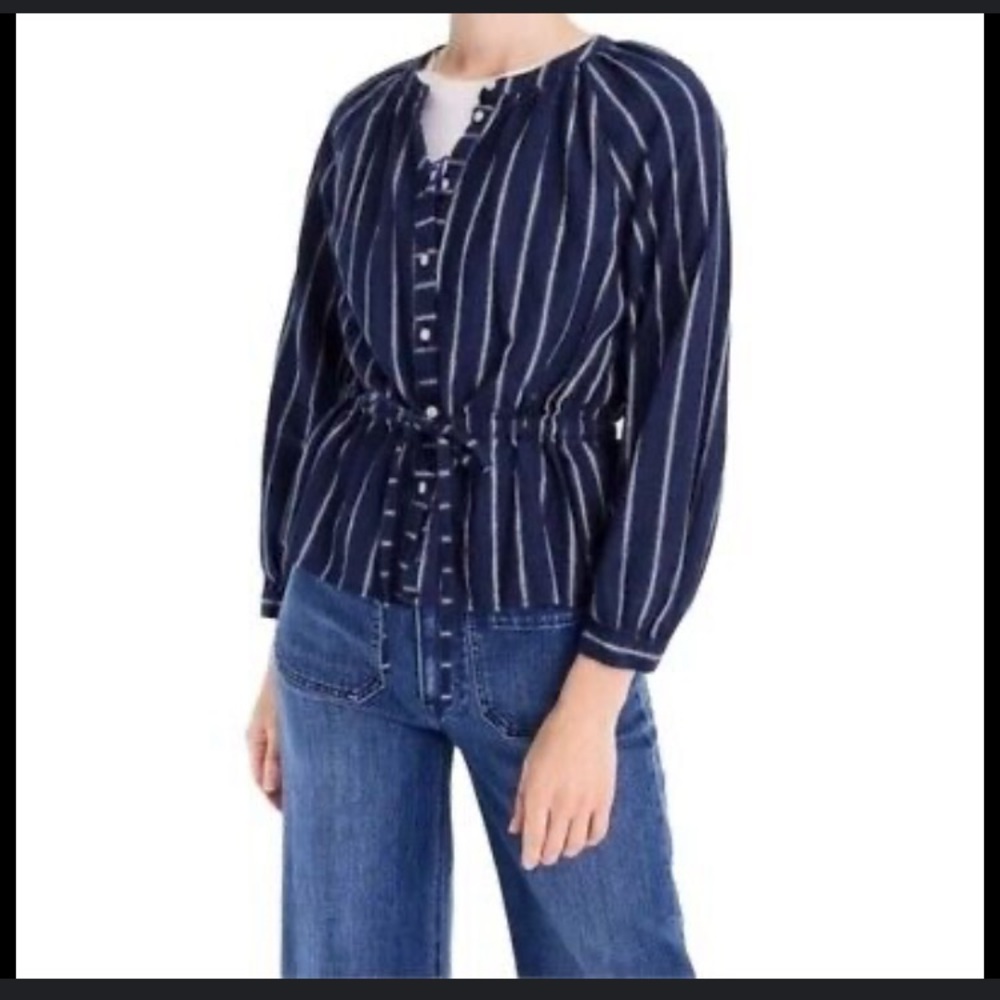 J. Crew Tie-Waist Navy White Stripe Linen-Blend Button-Up Long Sleeve Blouse 10P - Picture 7 of 8